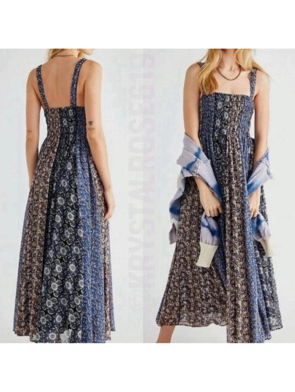 Free People Come Together Maxi Dress in Black Blue Combo Sz Small Lined